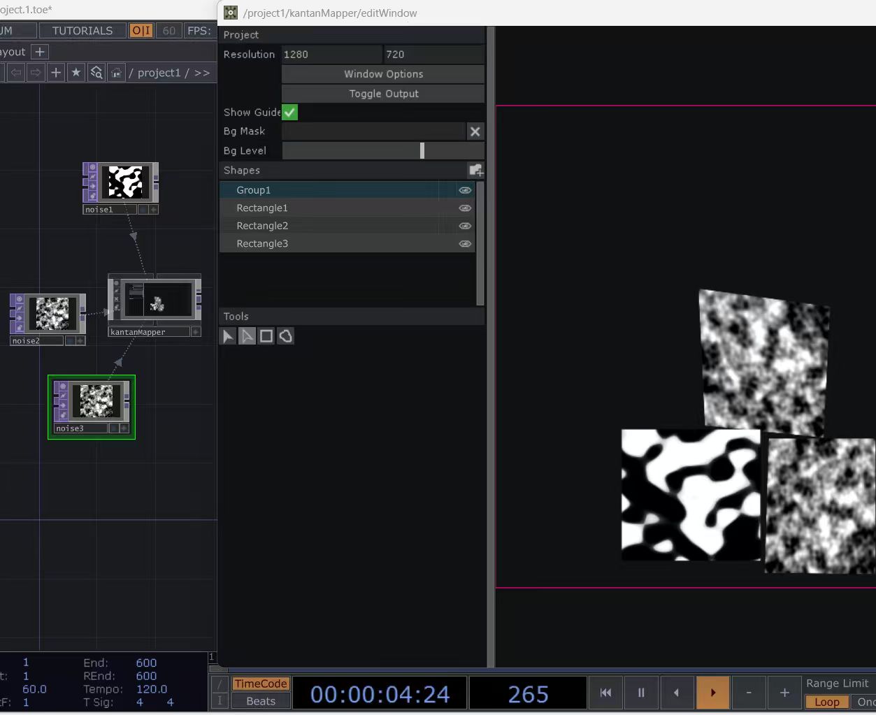 This is a screenshot of the process of applying a textured animation to a quadrilateral within Touch Designer.
